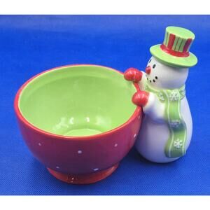 Festive Ceramic Snowman Dip Bowl with Serving Knife Red Green White 8x5x6"